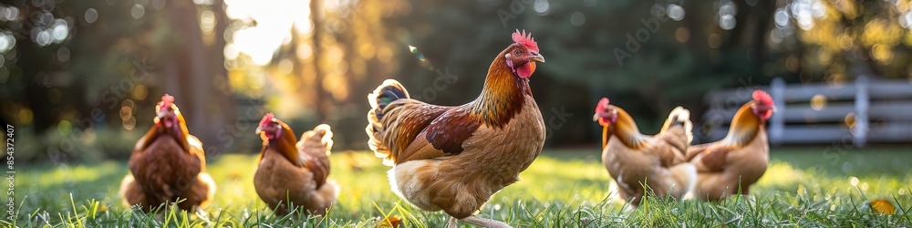 Fototapeta premium A curious hen with other chickens in the distance in a grassy yard.
