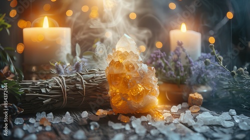 Arrangement of citrine crystal, sage smudge sticks, and herbs with white candles under moody lighting, spiritual ambiance photo