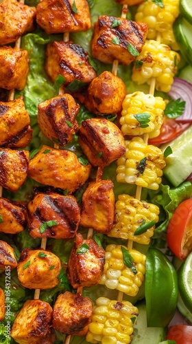 Close-up of delicious grilled tofu skewers with corn, cherry tomatoes, and fresh salad greens.