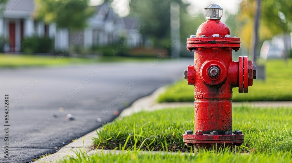 Bright red fire hydrant on a suburban side street, residential area with neat front yards and family homes Bright red fire hydrant on a suburban side street, residential area with neat front yards and family homes