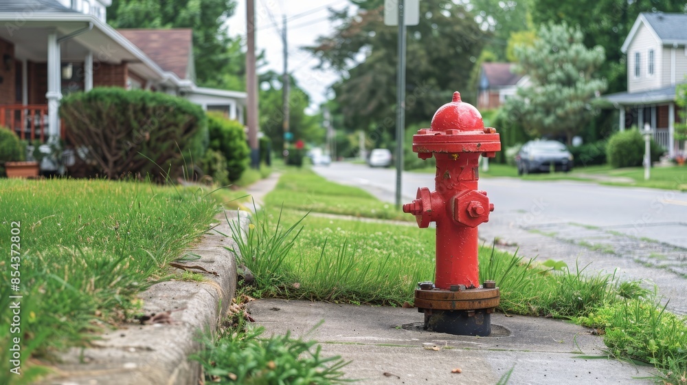 Bright red fire hydrant on a suburban side street, residential area with neat front yards and family homes Bright red fire hydrant on a suburban side street, residential area with neat front yards and family homes
