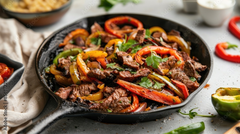 Beef Fajita on a white surface with a skillet Beef Fajita on a white surface with a skillet
