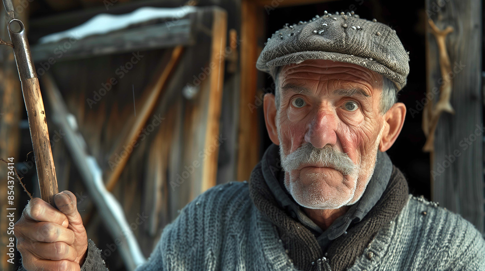Old man’s white mustache gleamed as he stared intently at the object Old man’s white mustache gleamed as he stared intently at the object