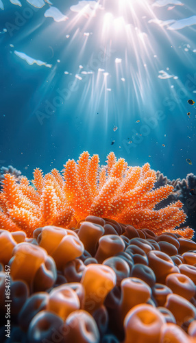 Sunlit Coral Reef Underwater Vibrant Marine Life, Colorful Corals and Anemones in Crystal Clear Ocean Waters, Sunbeams Penetrating Blue Sea, Underwater Photography, Marine Ecosystem Diversity photo