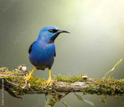 Shinning honeycreeper loves mossy perches on sunny days photo