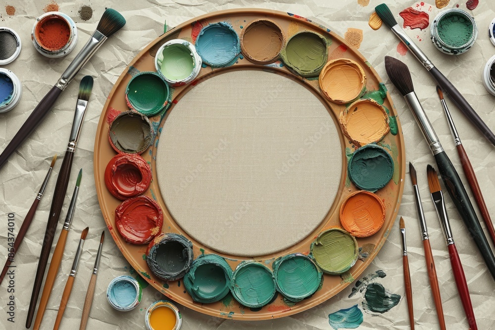 Create an image of an artists palette on the center, with brushes and canvas around it. The background is creative white, Create an image of an artists palette on the center, with brushes and canvas around it. The background is creative white,