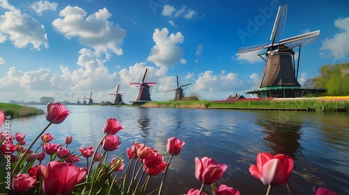 The vast and colorful tulip fields, the flowers blooming, are lively and cheerful By Generated AI