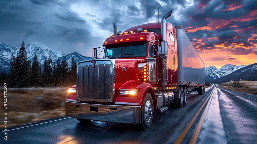 Semi-Truck on a Mountain Road at Sunset Semi-Truck on a Mountain Road at Sunset