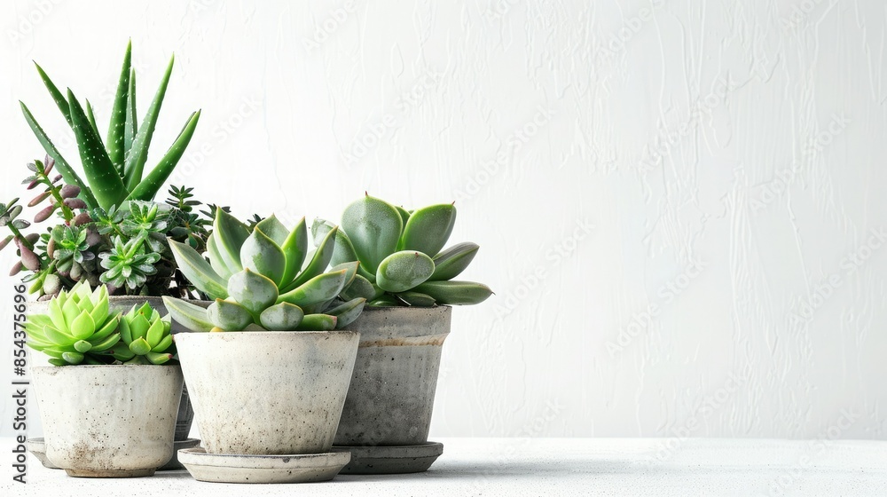 Fototapeta premium A collection of potted succulent plants in concrete pots against a minimalist white background, perfect for modern home or office decor.