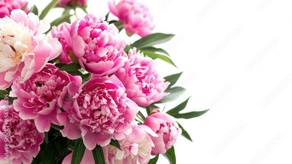Elegant bouquet of pink peonies in full bloom against a white background, showcasing their vibrant petals and lush green leaves. Elegant bouquet of pink peonies in full bloom against a white background, showcasing their vibrant petals and lush green leaves.