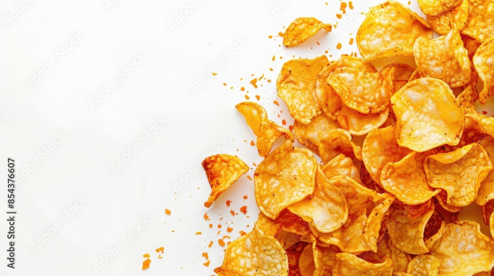 Golden and crispy potato chips with crumbs on white background, perfect for snack and food-related designs or advertisements. Golden and crispy potato chips with crumbs on white background, perfect for snack and food-related designs or advertisements.