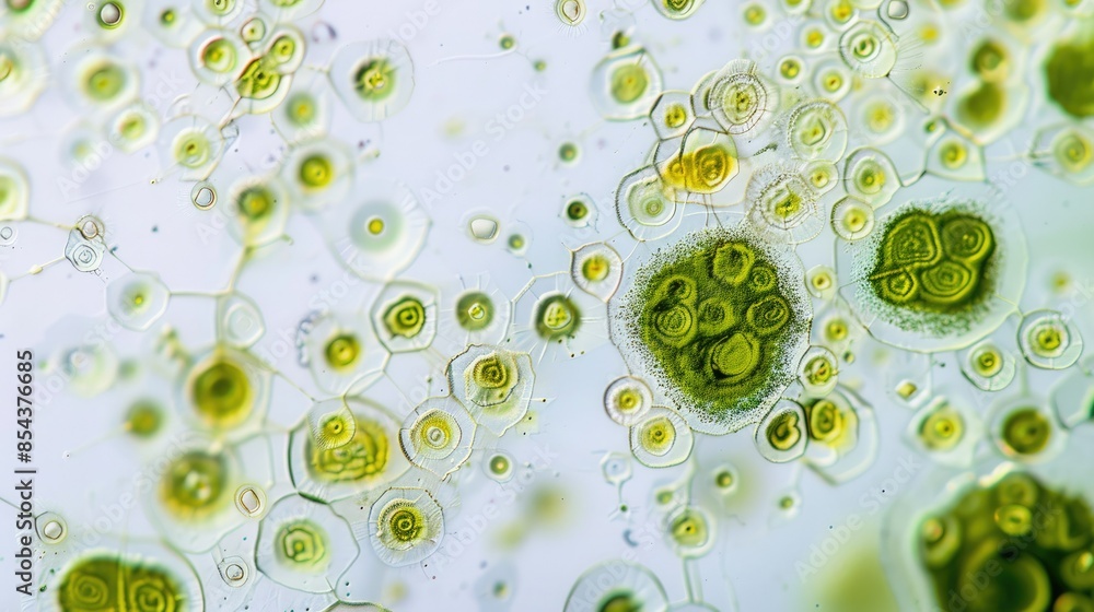 Microscopic view of green algae cells under the microscope in ...