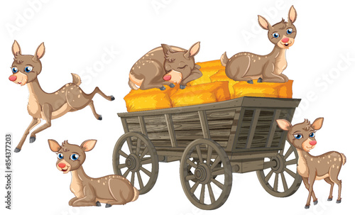 Cute deer playing near a wooden wagon