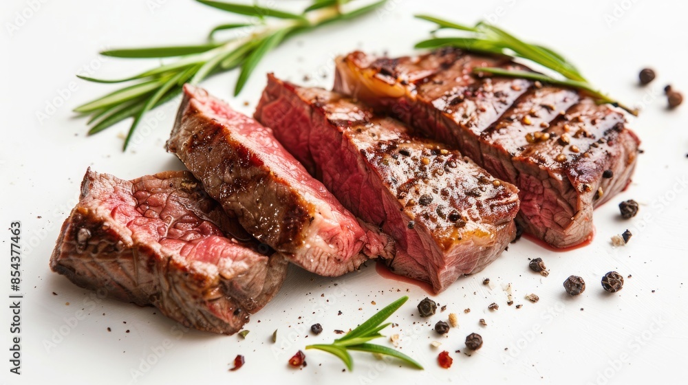 Beef ribeye slice on white backdrop Beef ribeye slice on white backdrop