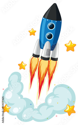 Blue rocket launching with stars and smoke