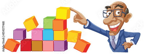 Smiling man pointing at stacked colorful blocks