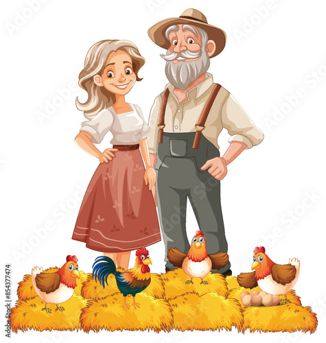 Smiling farmers standing with their chickens