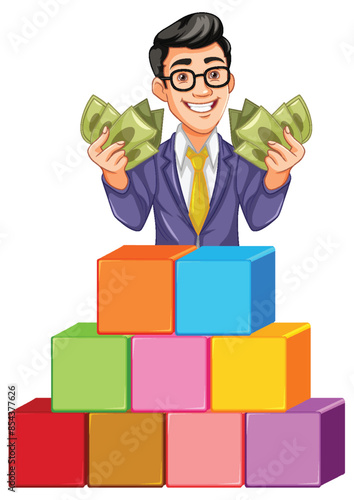 Businessman holding money above colorful blocks