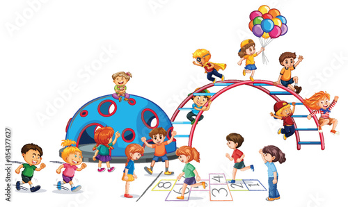 Kids enjoying various activities in a playground