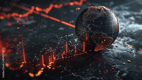 3D render of a global financial turmoil with a cracked globe and erratic market lines, high contrast,