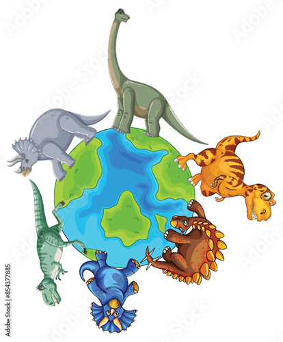 Colorful dinosaurs surrounding a globe illustration