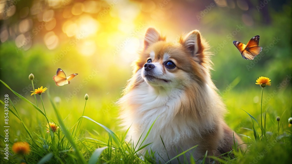 Pomeranian with a curious expression watching butterflies in afield Pomeranian with a curious expression watching butterflies in afield