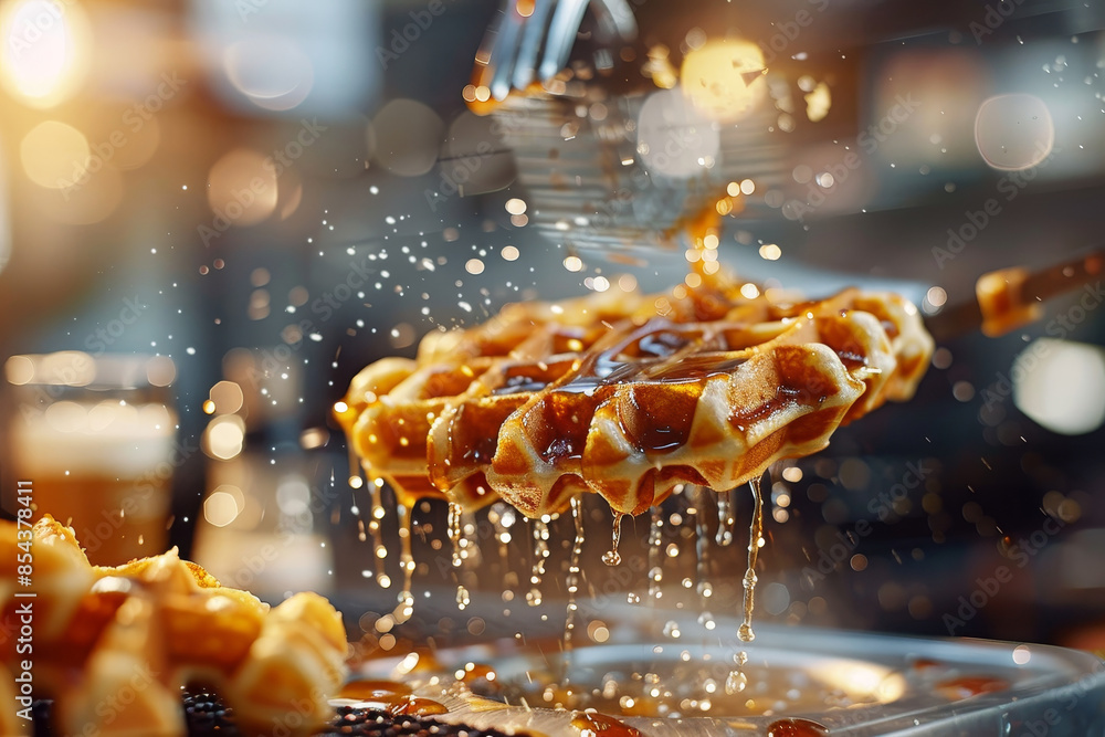 A freshly made waffle is being drizzled with syrup, creating a delicious and tempting scene. A freshly made waffle is being drizzled with syrup, creating a delicious and tempting scene.