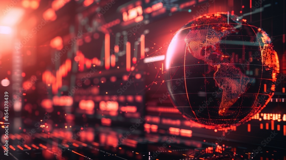 3D render of a futuristic globe with financial data and fluctuating charts, tech interface, 3D render of a futuristic globe with financial data and fluctuating charts, tech interface,