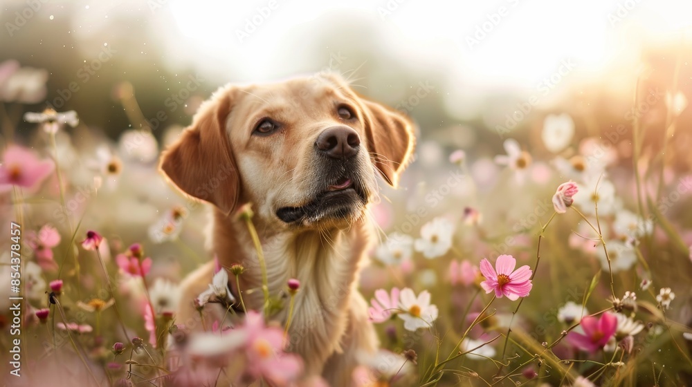 A golden retriever dog sits in a field of pink and white flowers, looking up at the sunset. A golden retriever dog sits in a field of pink and white flowers, looking up at the sunset.