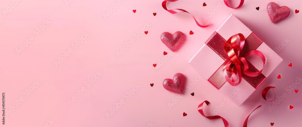 Elegant Valentine's Day Banner Concept with Gift Box on Pink Background, Flat Lay Top View, Featuring Soft Lighting for Romantic and Festive Design Themes Elegant Valentine's Day Banner Concept with Gift Box on Pink Background, Flat Lay Top View, Featuring Soft Lighting for Romantic and Festive Design Themes