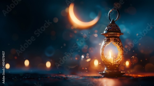 A glowing lantern with a candle inside, illuminated by a crescent moon in a dark, mystical night.  The lantern is surrounded by a soft glow. photo