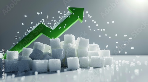3D render of sugar cubes and green arrow, price movement in global market, high detail, bright colors