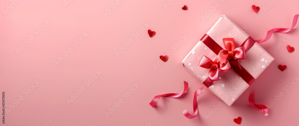 Elegant Valentine's Day Banner Concept with Gift Box on Pink Background, Flat Lay Top View, Featuring Soft Lighting for Romantic and Festive Design Themes Elegant Valentine's Day Banner Concept with Gift Box on Pink Background, Flat Lay Top View, Featuring Soft Lighting for Romantic and Festive Design Themes