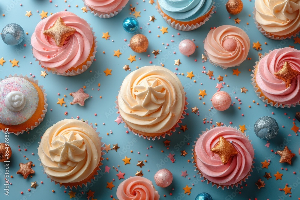 Pastel Cupcakes with Gold Stars on a Blue Background Pastel Cupcakes with Gold Stars on a Blue Background