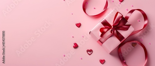 Elegant Valentine's Day Banner Concept with Gift Box on Pink Background, Flat Lay Top View, Featuring Soft Lighting for Romantic and Festive Design Themes