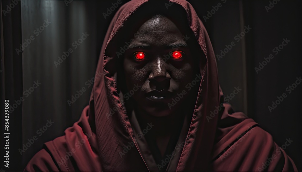 red devil person. a figure who takes life. wearing a black robe, sharp eyes and bright red eyes. vampire red devil person. a figure who takes life. wearing a black robe, sharp eyes and bright red eyes. vampire