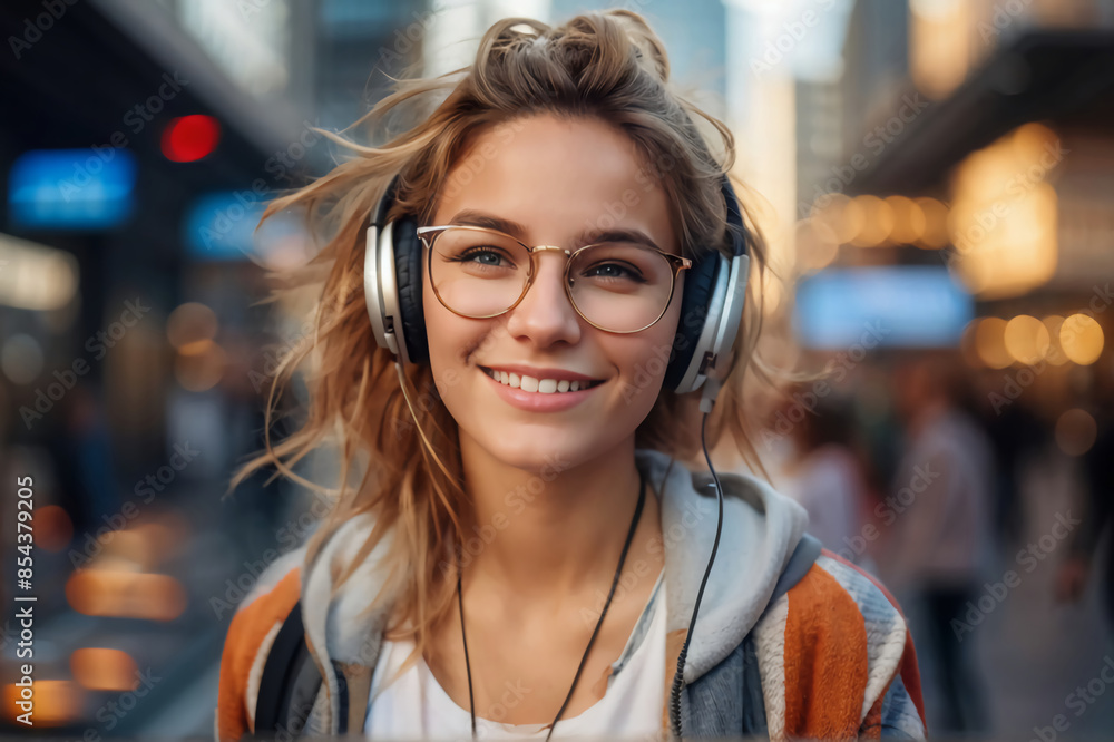 Close-up photo of a young smiling female student wearing headphones and glasses standing outside in the city and looking away Close-up photo of a young smiling female student wearing headphones and glasses standing outside in the city and looking away