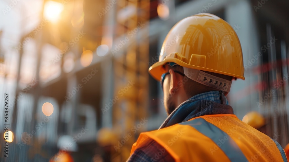 Construction worker in hard hat and safety vest, looking at a building under construction. Construction worker in hard hat and safety vest, looking at a building under construction.