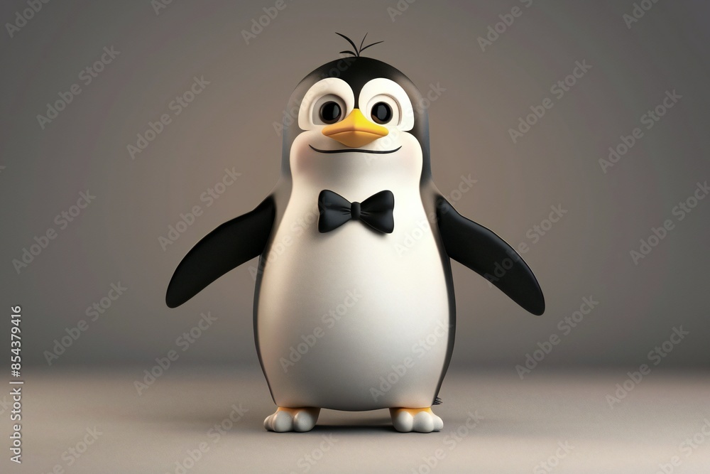 Fototapeta premium Cartoon penguin with a bow tie and flippers on a monochrome background in 3D style , genetated by ai