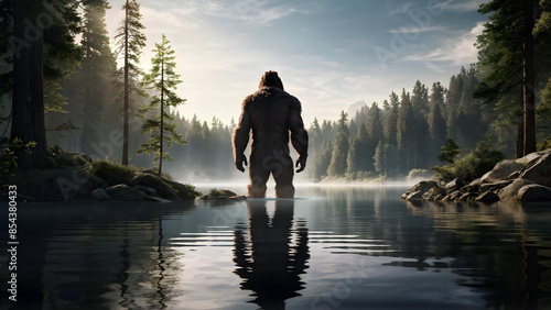 a Bigfoot standing at the edge of a serene forest lake, with a reflection of the forest and the creature in the water photo