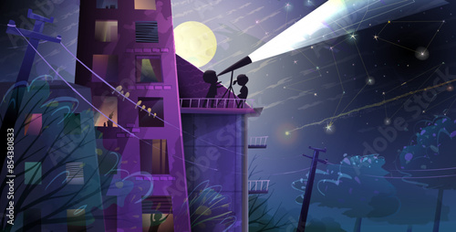 Night city landscape with full moon children study stars, telescope on the roof.. Magic fairytale and science wallpaper. Night sky, kids learn astronomy. Vector background in watercolor style.
