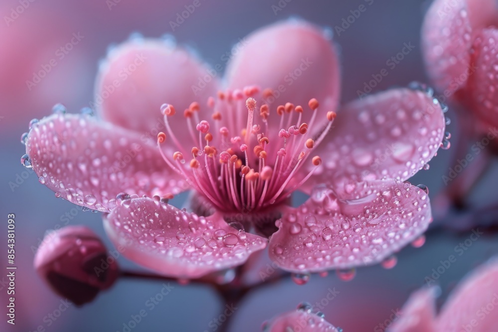 Pink Flower with Dew Drops Close Up Pink Flower with Dew Drops Close Up