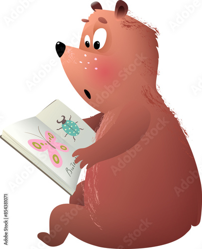 Cartoon illustration of a curious bear reading a picture book. Funny emotional animal student character for children. Vector for preschool kids and elementary education isolated clip art.