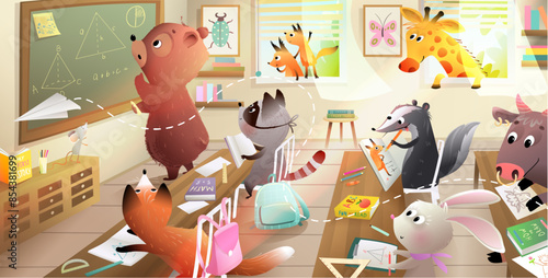 Cute forest animals in an elementary school classroom. Bear, bunny, fox, squirrel, giraffe, wolf, hare. Animal students study and read books at geometry lesson. Vector cartoon illustration for kids.