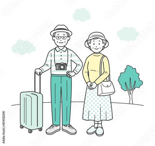 仲の良い老夫婦が旅行先で楽しんでいる全身イラスト
