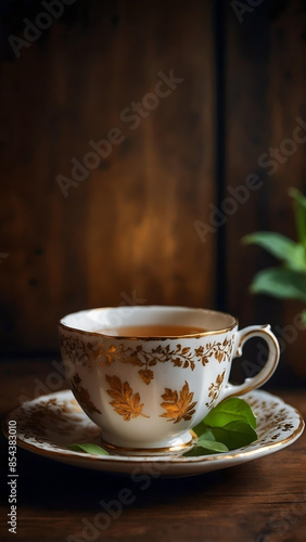 Tranquil Moments, Herbal Infusion In a Cup, Vintage Elegance And Charm With Fresh Green Tea on a Rustic Wooden Table, Aromatic Bliss, Leafy Delight, space for text, 