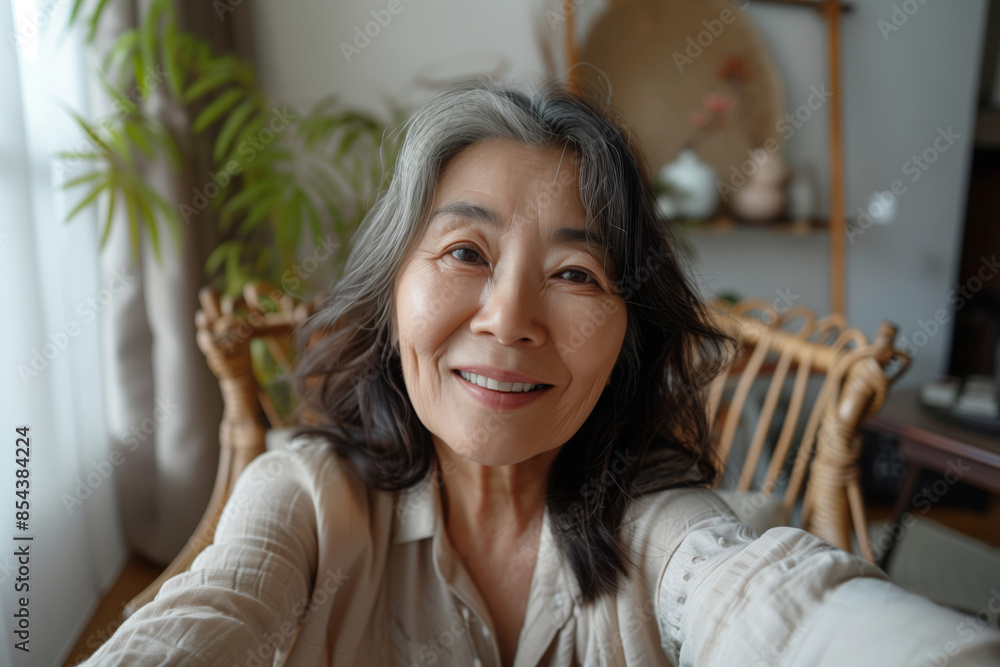 Realistic phone selfie made by a smiling elder european woman at home without filters Realistic phone selfie made by a smiling elder european woman at home without filters