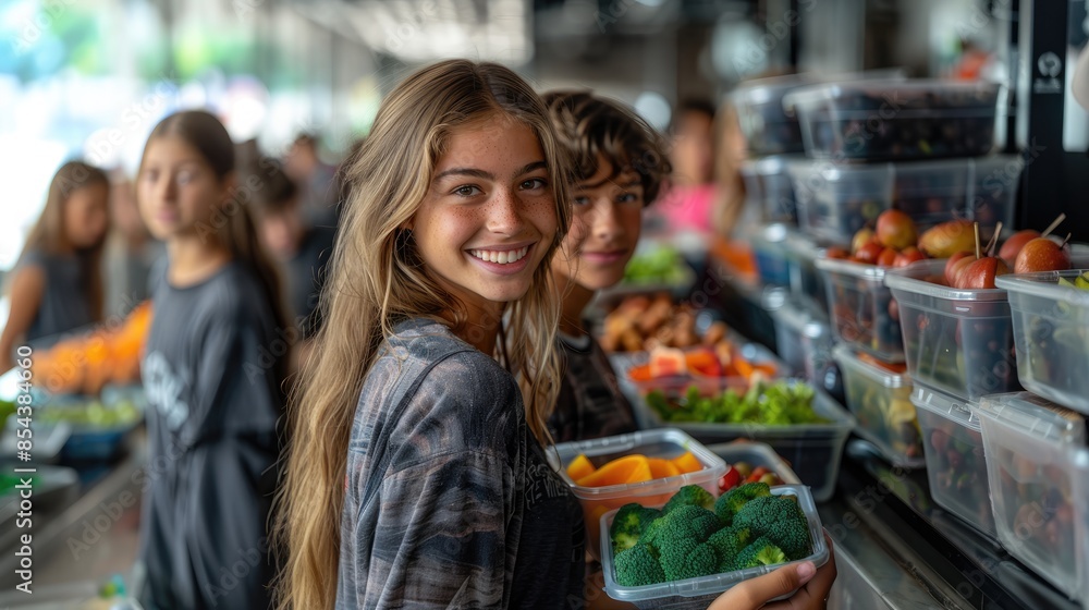 students in the school cafeteria, smiling while holding their lunch food platters filled with healthy options like vegetables and fruits. students in the school cafeteria, smiling while holding their lunch food platters filled with healthy options like vegetables and fruits.