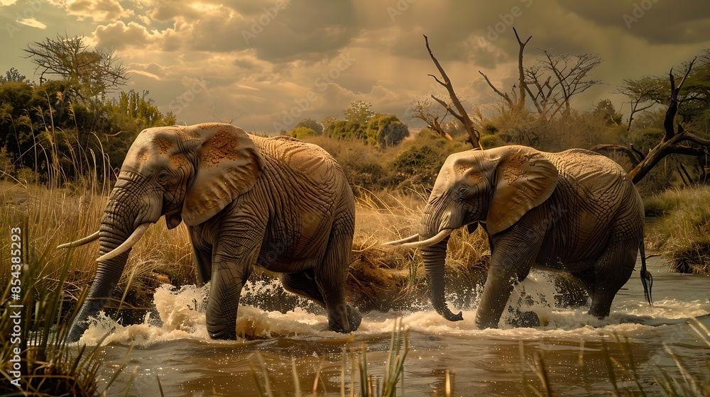 Fototapeta premium Majestic Elephants Crossing River: Detailed Wrinkled Skin, Massive Trunks