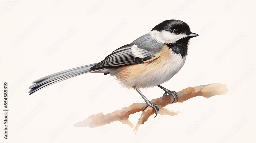 Obraz premium Watercolor illustration of a black-capped chickadee perched on a branch with a plain background.
